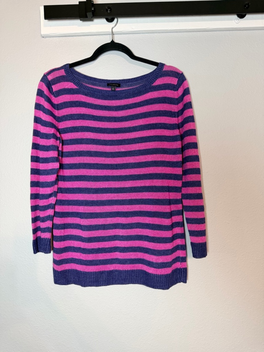Talbots Linen Striped Knit Lightweight Sweater Medium Navy Blue Pink Beach